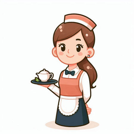 Cartoon waitress holding a tray of tea. Vector illustration isolated on white background.のイラスト素材