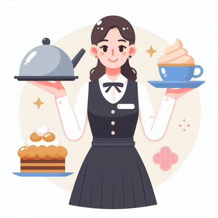 Waitress with a cup of coffee and cake. Vector illustration.のイラスト素材