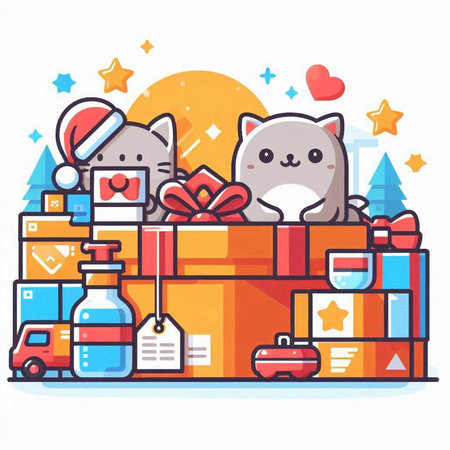 Cute cat and dog with christmas gifts. Vector illustration.のイラスト素材