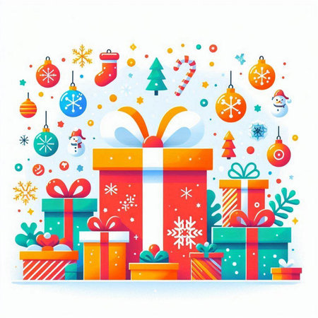 Christmas and New Year greeting card with gift boxes. Vector illustration.のイラスト素材