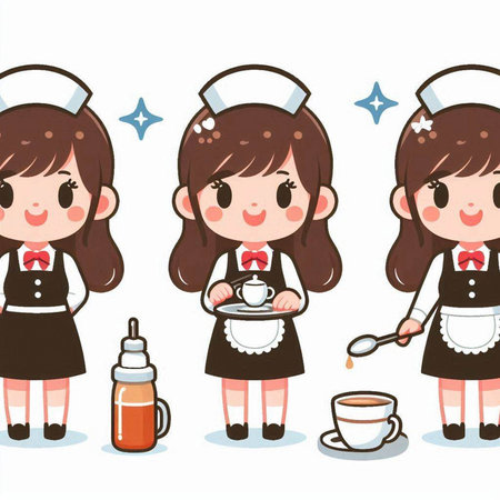 Cute cartoon maids with a cup of coffee. Vector illustration.のイラスト素材