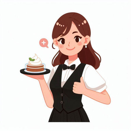 Young waitress holding a cake and showing thumbs up. Vector illustration.のイラスト素材