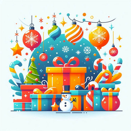 Vector illustration of Christmas and New Year greeting card with Christmas tree, gifts, snowman, snowflakes.のイラスト素材