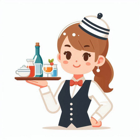Waitress holding a tray of food and drink, vector illustration.のイラスト素材