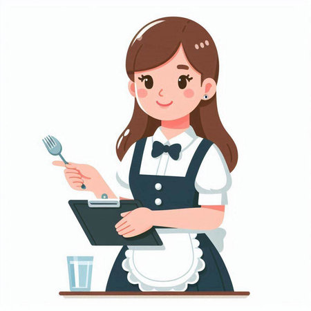 Waitress holding a menu and a glass of water. Vector illustration.のイラスト素材