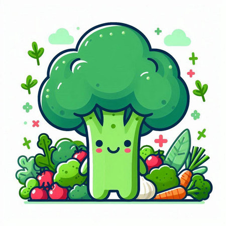 Cute broccoli character with vegetables. Vector illustration in cartoon style.のイラスト素材