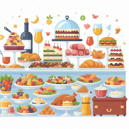 Vector illustration of a variety of sweets and desserts on a tray.のイラスト素材