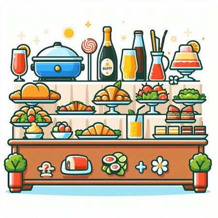 Vector illustration of a bar counter filled with food and drinks. Vector illustration.のイラスト素材