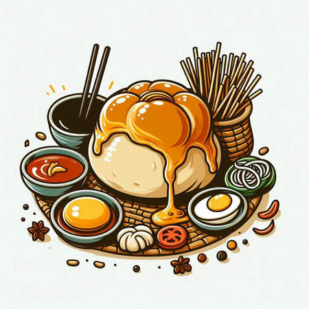 Illustration of a traditional chinese bun, chopsticks, soy sauce, egg and other ingredients.のイラスト素材