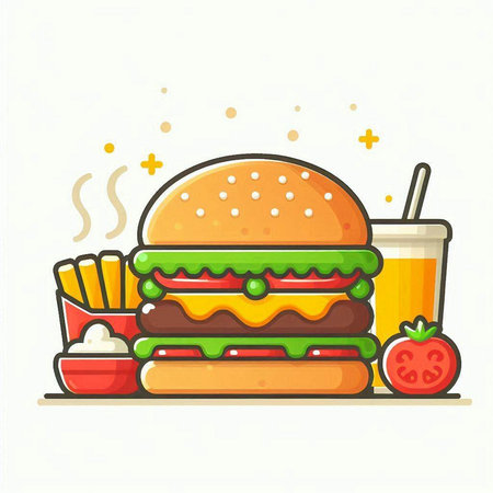 Fast food icon. Hamburger, french fries, soda and tomato. Vector illustrationのイラスト素材