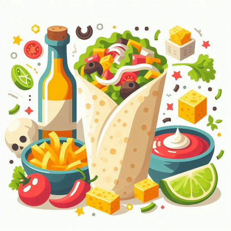 Mexican food vector illustration. Taco with guacamole, cheese, tomato, onion, olives, sauce, tortilla.のイラスト素材