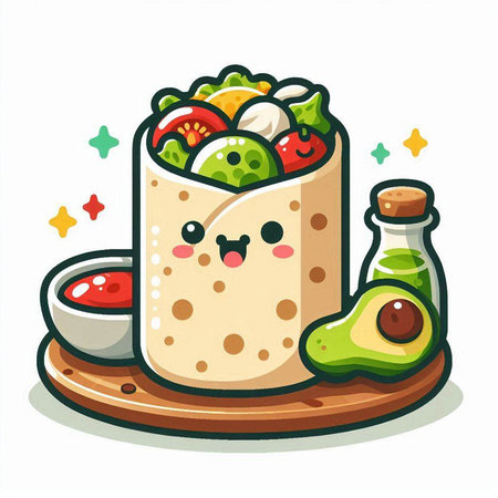 Kawaii tortilla with avocado and sauce. Vector illustration.のイラスト素材
