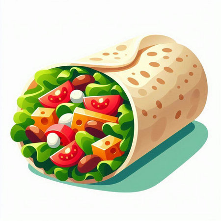 Vector illustration of a tortilla wrap with lettuce, tomato and cheeseのイラスト素材