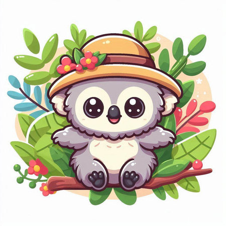 Cute koala in hat sitting on the branch. Vector illustrationのイラスト素材