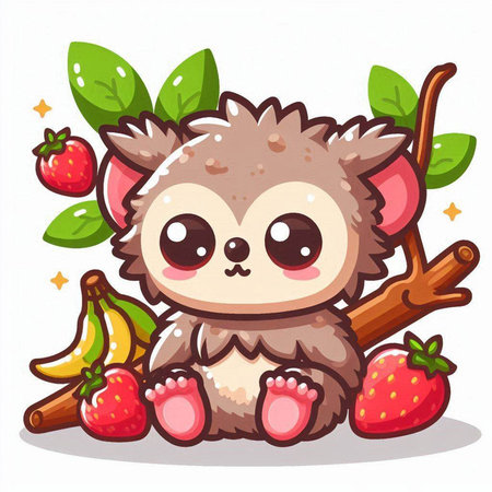 Cute cartoon hedgehog sitting on a branch with strawberries and bananasのイラスト素材