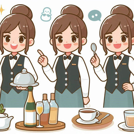 Waitress and restaurant staff vector illustration. Set of woman characters.のイラスト素材