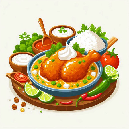 Illustration of chicken tikka masala in bowl with ingredients.のイラスト素材