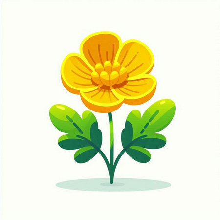 Cute yellow flower with green leaves isolated on white background. Vector illustration.のイラスト素材