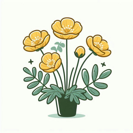 Illustration of yellow flowers in a vase on a white backgroundのイラスト素材