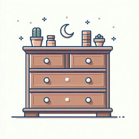 Vector illustration of nightstand with cactus, moon and books.のイラスト素材