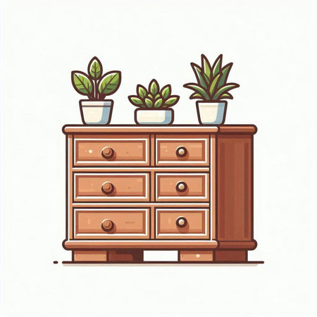 Illustration of a chest of drawers with plants on a white backgroundのイラスト素材