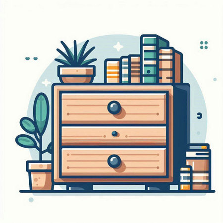 Bookshelf with books and plants in flat style. Vector illustration.のイラスト素材