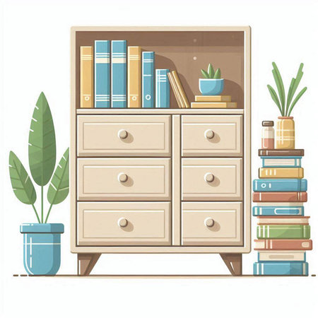 Cabinet with books and plants. Vector illustration in cartoon styleのイラスト素材
