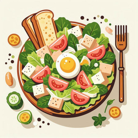 Salad with cheese, tomato, egg, cucumber and toast. Vector illustration.のイラスト素材