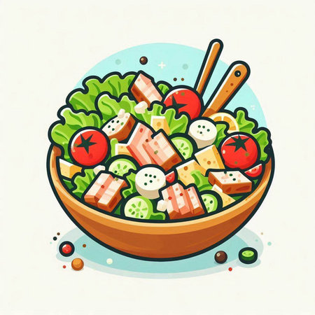 Illustration of a bowl of salad with tuna, cucumber, tomato, cheese, lettuce and olive oilのイラスト素材