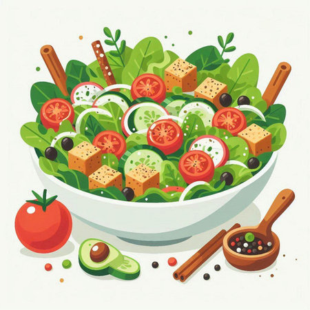 Salad with tomatoes, cucumbers, olives and cheese. Vector illustration.のイラスト素材