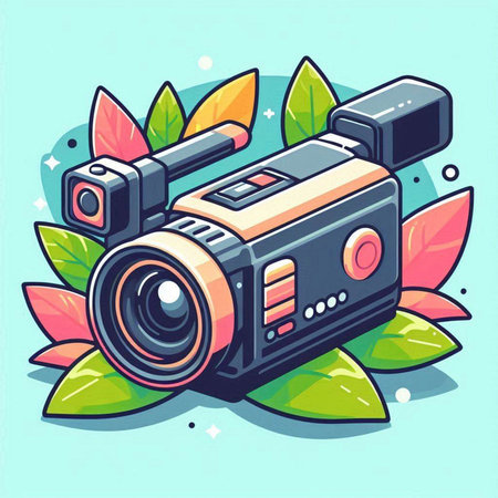 Vector illustration of a video camera on a green background with leaves.のイラスト素材