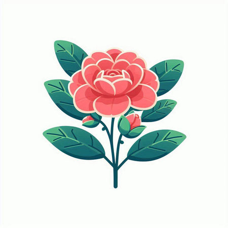 Cute pink rose with green leaves isolated on white background. Vector illustration.のイラスト素材
