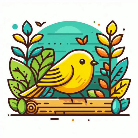 Cute yellow bird on a branch with leaves. Vector illustration.のイラスト素材