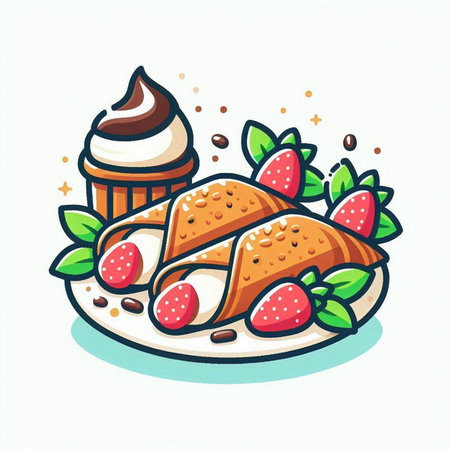 Strawberry pancakes with whipped cream and chocolate. Vector illustration.のイラスト素材