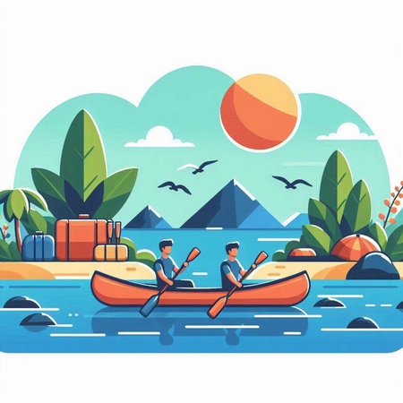 Couple kayaking on the beach. Vector illustration in flat styleのイラスト素材