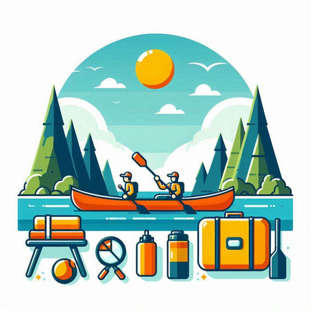 Camping flat vector illustration. Canoeing and rafting.のイラスト素材