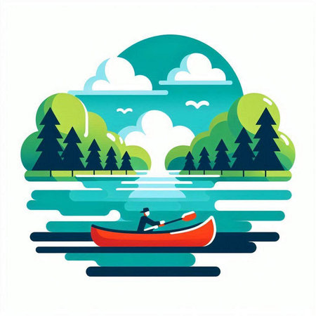 Flat design vector illustration concept of a man rowing a canoe in a lake.のイラスト素材