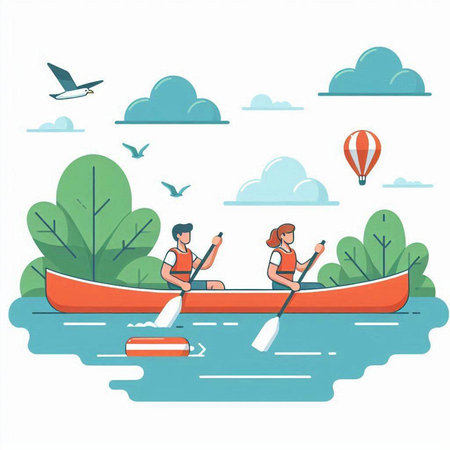 Kayaking and kayaking on the river. Vector illustration in flat styleのイラスト素材