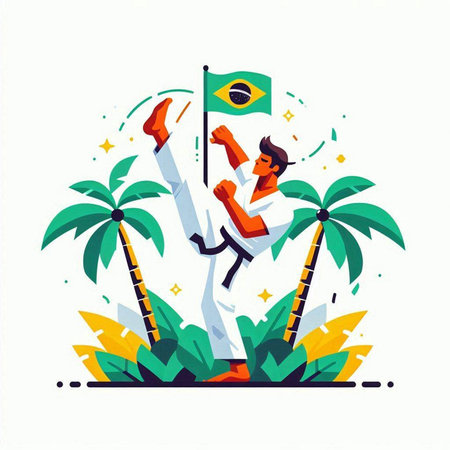 Brazilian man with flag on palm tree background. Flat vector illustration.のイラスト素材