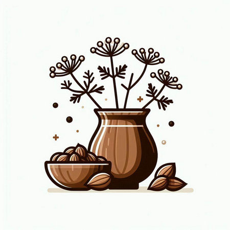 Vector hand drawn illustration of spices and herbs in clay vase.のイラスト素材