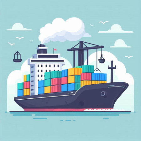 Container ship in the sea. Freight transportation. Vector illustration.のイラスト素材