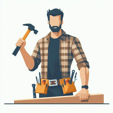 Carpenter with hammer and nails. Vector illustration in cartoon styleのイラスト素材