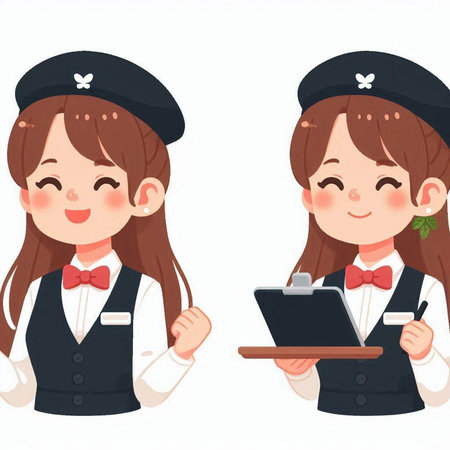 Illustration of a Cute Cartoon Stewardess Holding a Trayのイラスト素材