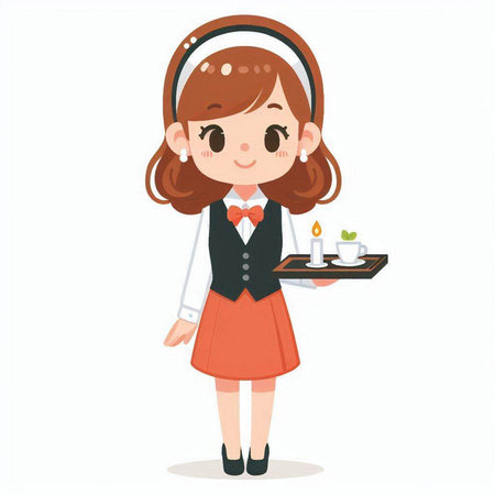 Vector illustration of a cute waitress in uniform holding a tray of food.のイラスト素材