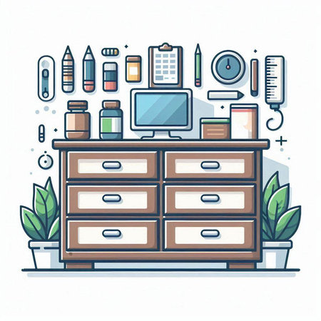 Cabinet with stationery. Vector illustration in thin line style.のイラスト素材