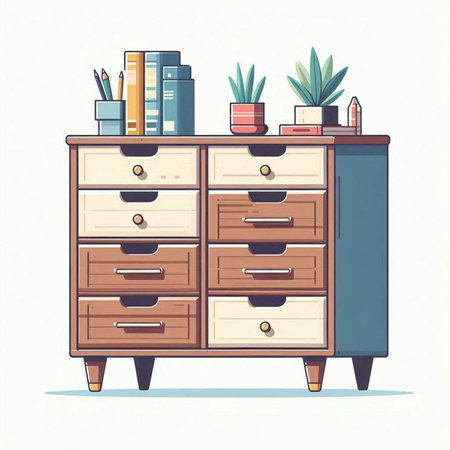 Wooden chest of drawers in flat style. Vector illustration.のイラスト素材