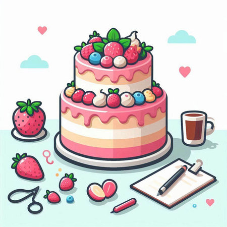 Birthday cake with strawberries, blueberries and cherries. Vector illustration.のイラスト素材