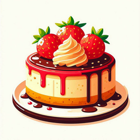 Cake with cream and strawberries on a white background. Vector illustrationのイラスト素材