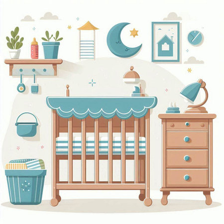 Cute baby room with crib, bedside table, nightstand, lamp, cot, bookshelf and toys. Cartoon vector illustration.のイラスト素材