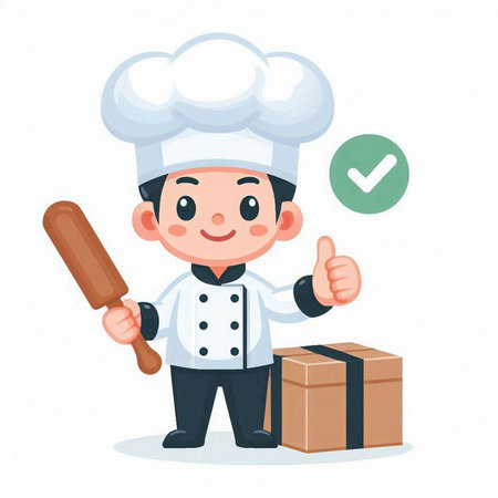 Chef holding a rolling pin and showing thumbs up. Vector illustration.のイラスト素材